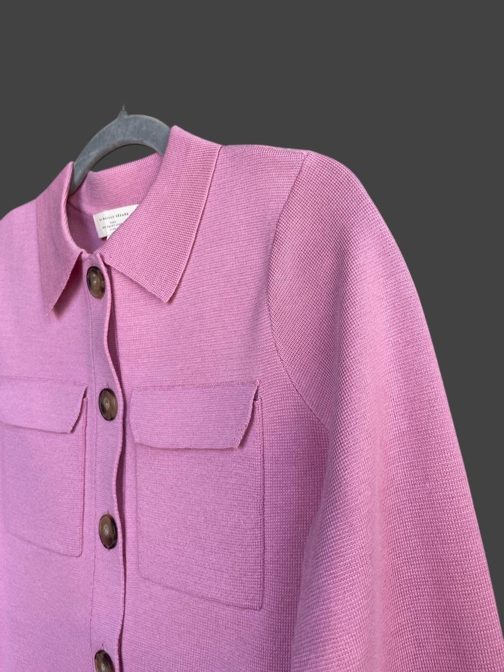 SEZANE NWT Rose Pink Fine Knit 100% Merino Wool Collared Betty Cardigan Sweater - Picture 11 of 14
